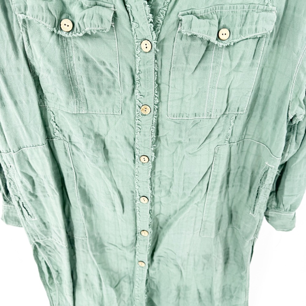 Free People We The Free Green Button Down Shirt Dress Raw Hem Pockets Medium - Picture 5 of 11